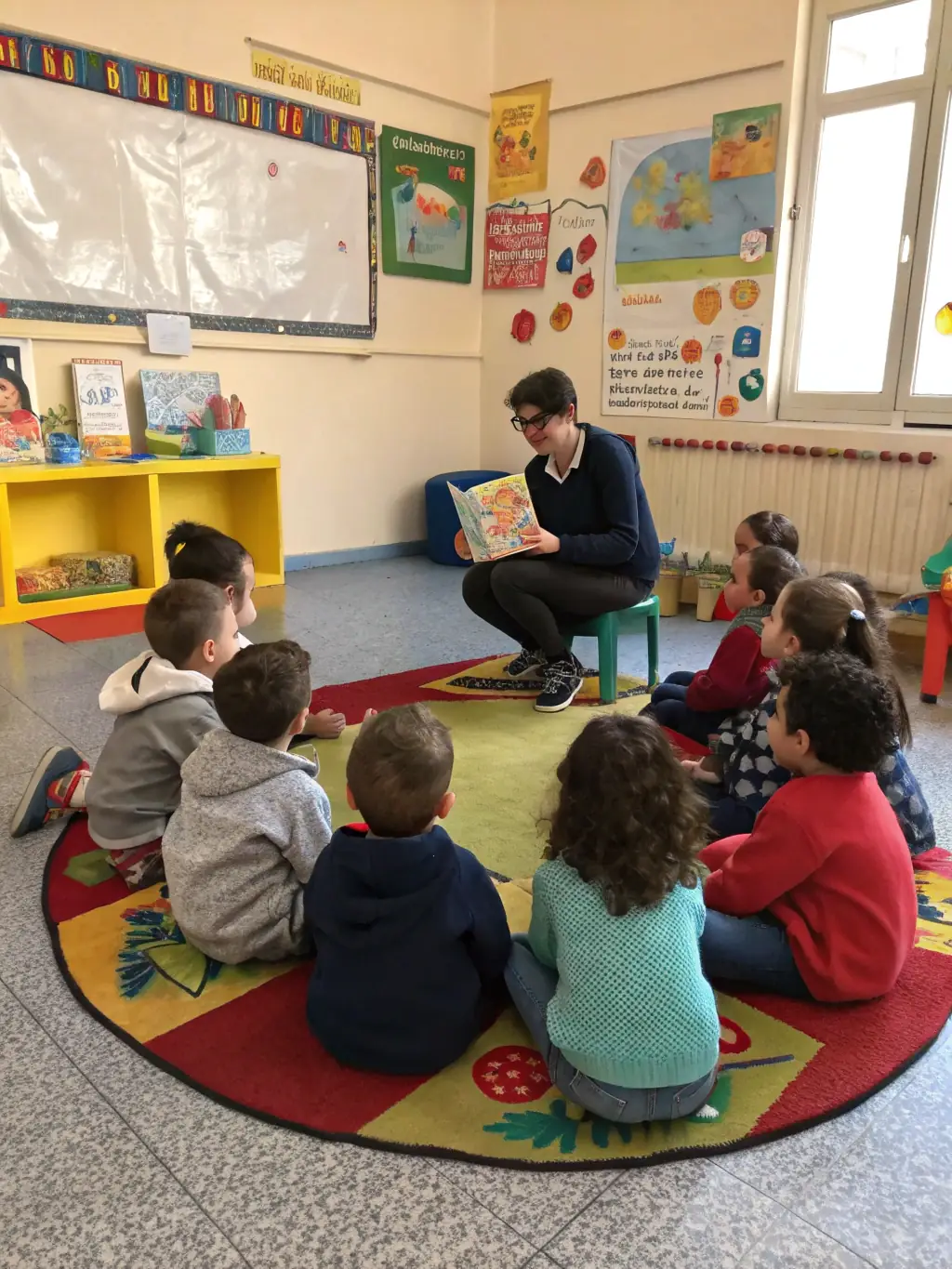 A group of children sitting in a circle, listening attentively to a storyteller holding a colorful picture book during a BCD CROQUE LIVRES reading session.