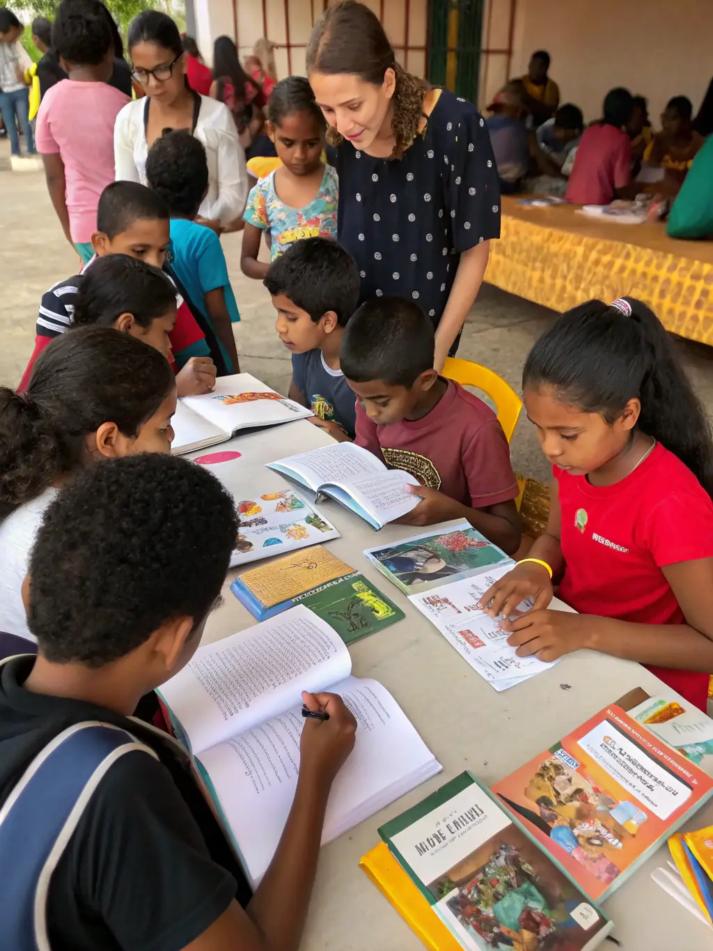 A diverse group of children and adults interacting during a BCD CROQUE LIVRES community reading event, promoting literacy and social interaction.