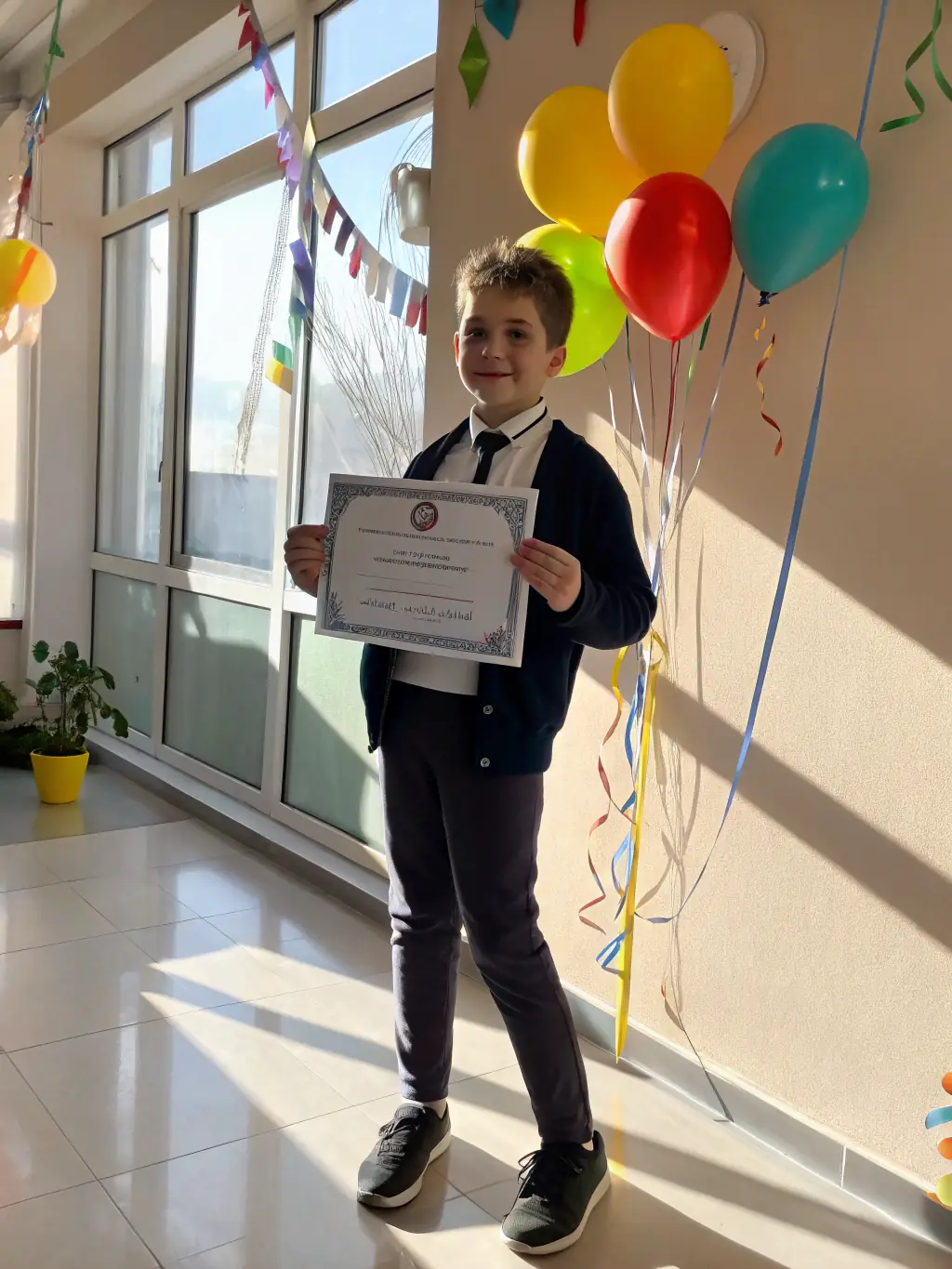 A child proudly displaying a certificate of completion after finishing a BCD CROQUE LIVRES reading program, with a sense of accomplishment.