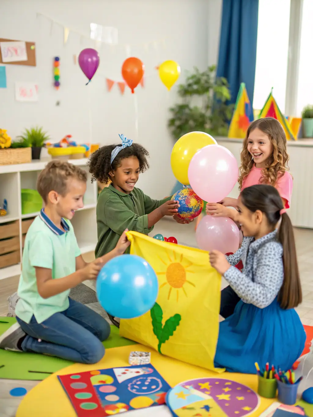 Children actively participating in a hands-on craft activity related to a book they've just read, with smiles and enthusiasm.