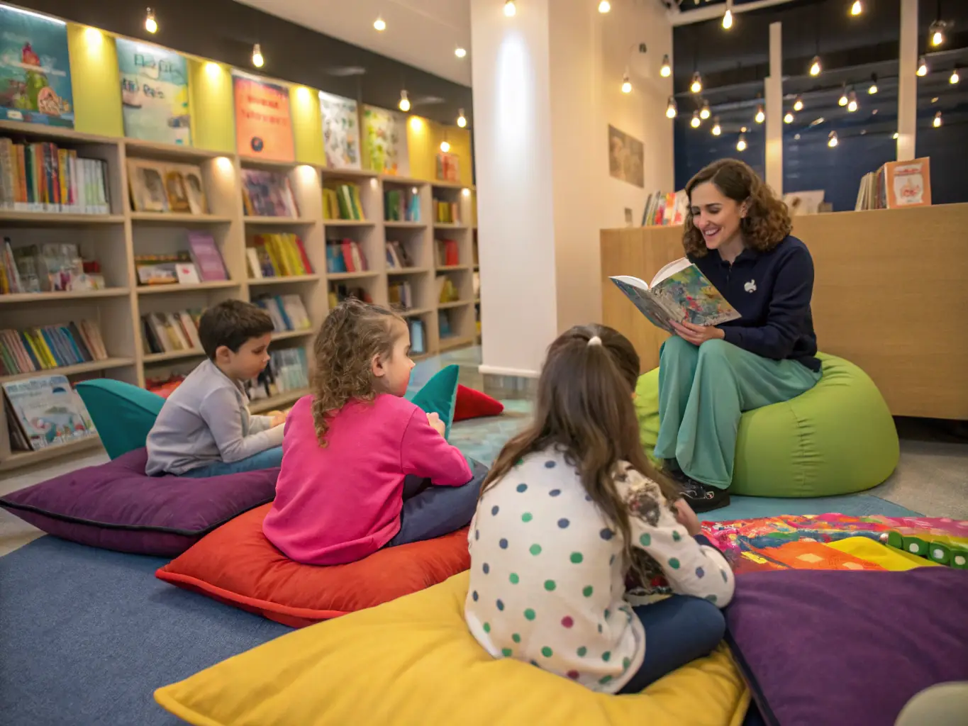 A group of children sitting in a circle, listening attentively to a storyteller holding a colorful picture book in a cozy and inviting reading space.