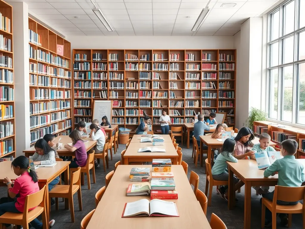 A diverse group of children browsing through a wide selection of books in a well-stocked and welcoming library setting.