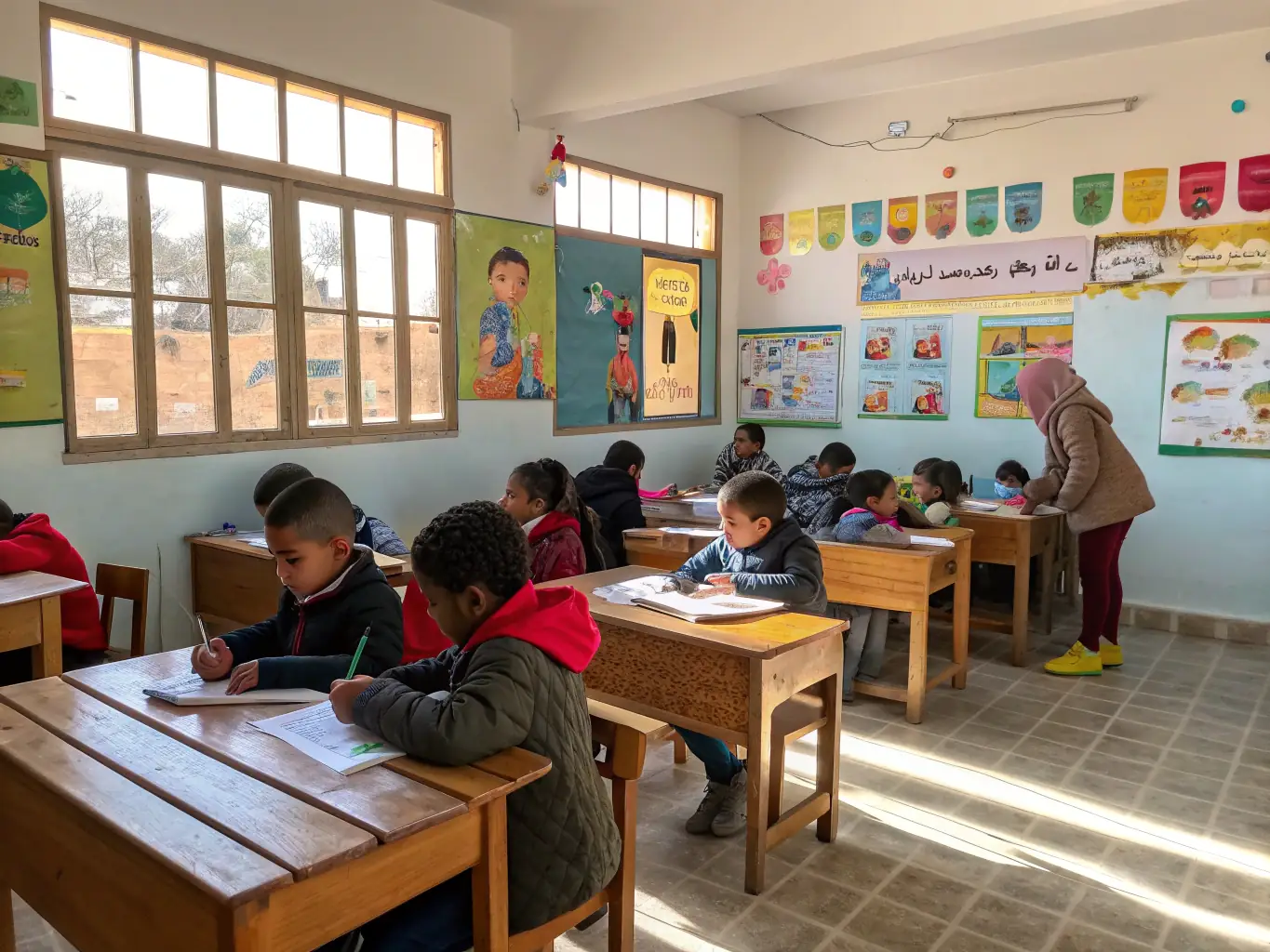 A brightly lit classroom with children participating in a creative writing workshop, surrounded by books and art supplies.